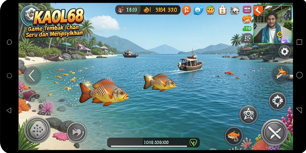 Screenshot KAOL68 menampilkan aksi seru saat menembak ikan.
