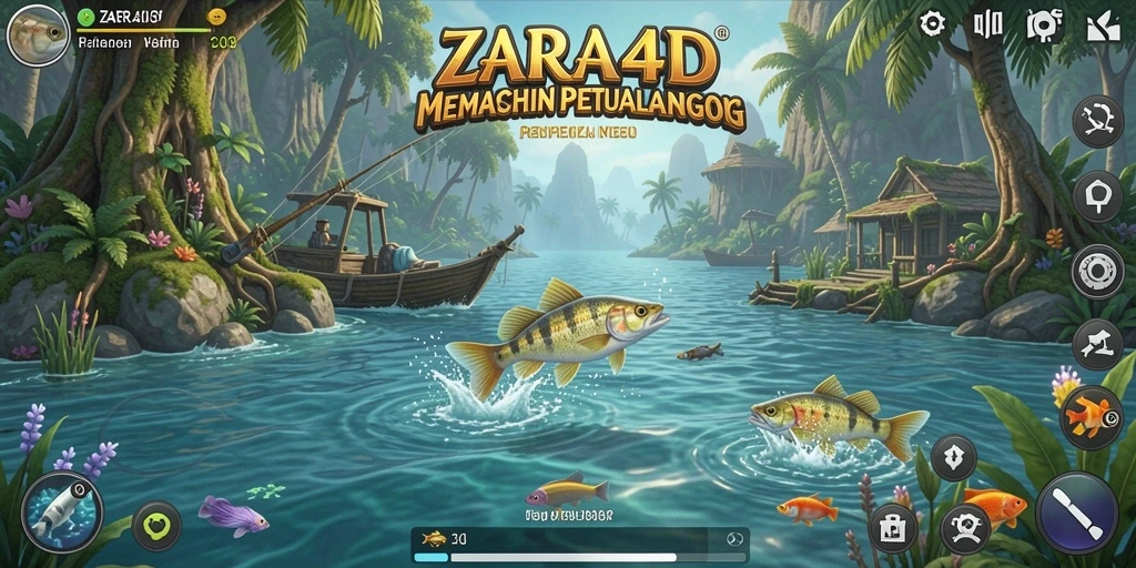 Screenshot ZARA4D menunjukkan pemain menangkap ikan di lokasi memancing yang indah.
